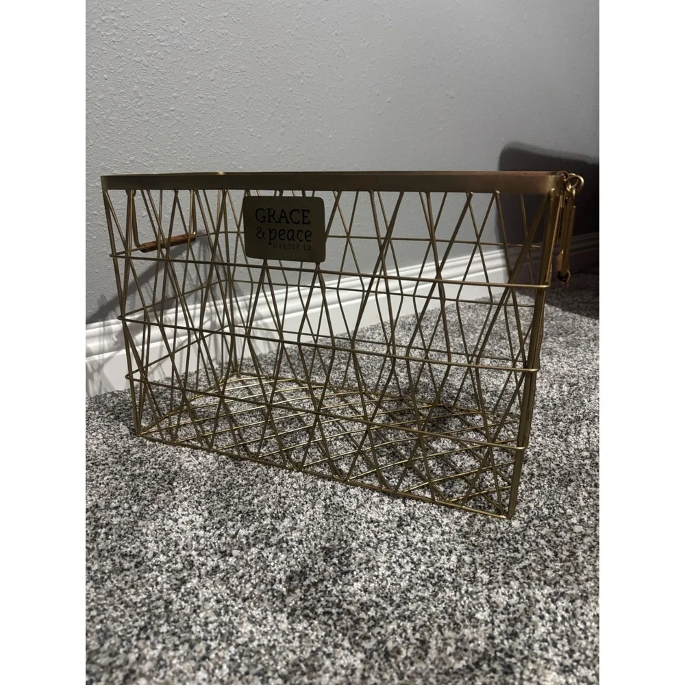 Grace & Peace Gold Wire Storage Basket II Peter 1:2 Geometric Metal Organizer